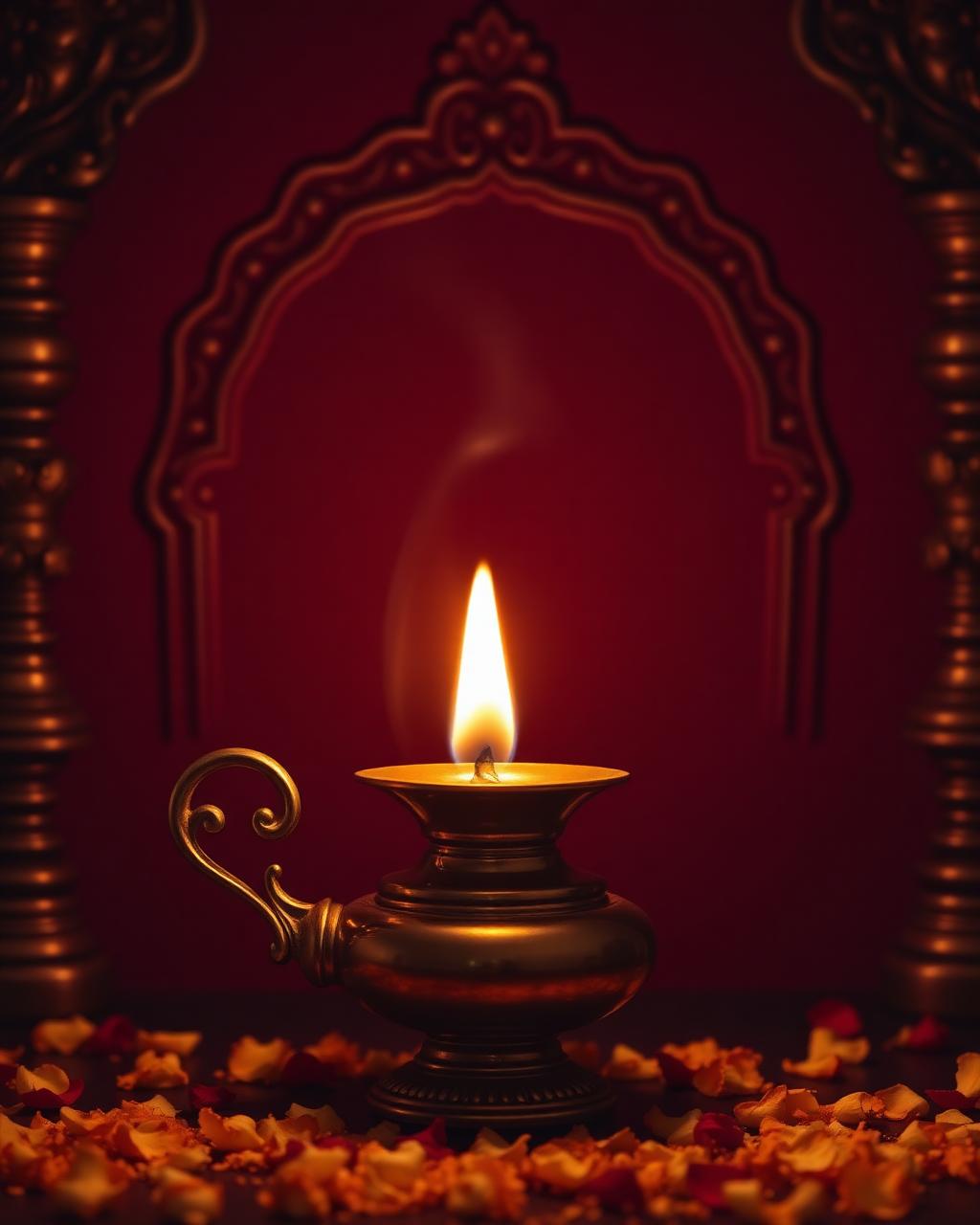 Brass oil lamp glowing in temple-style alcove